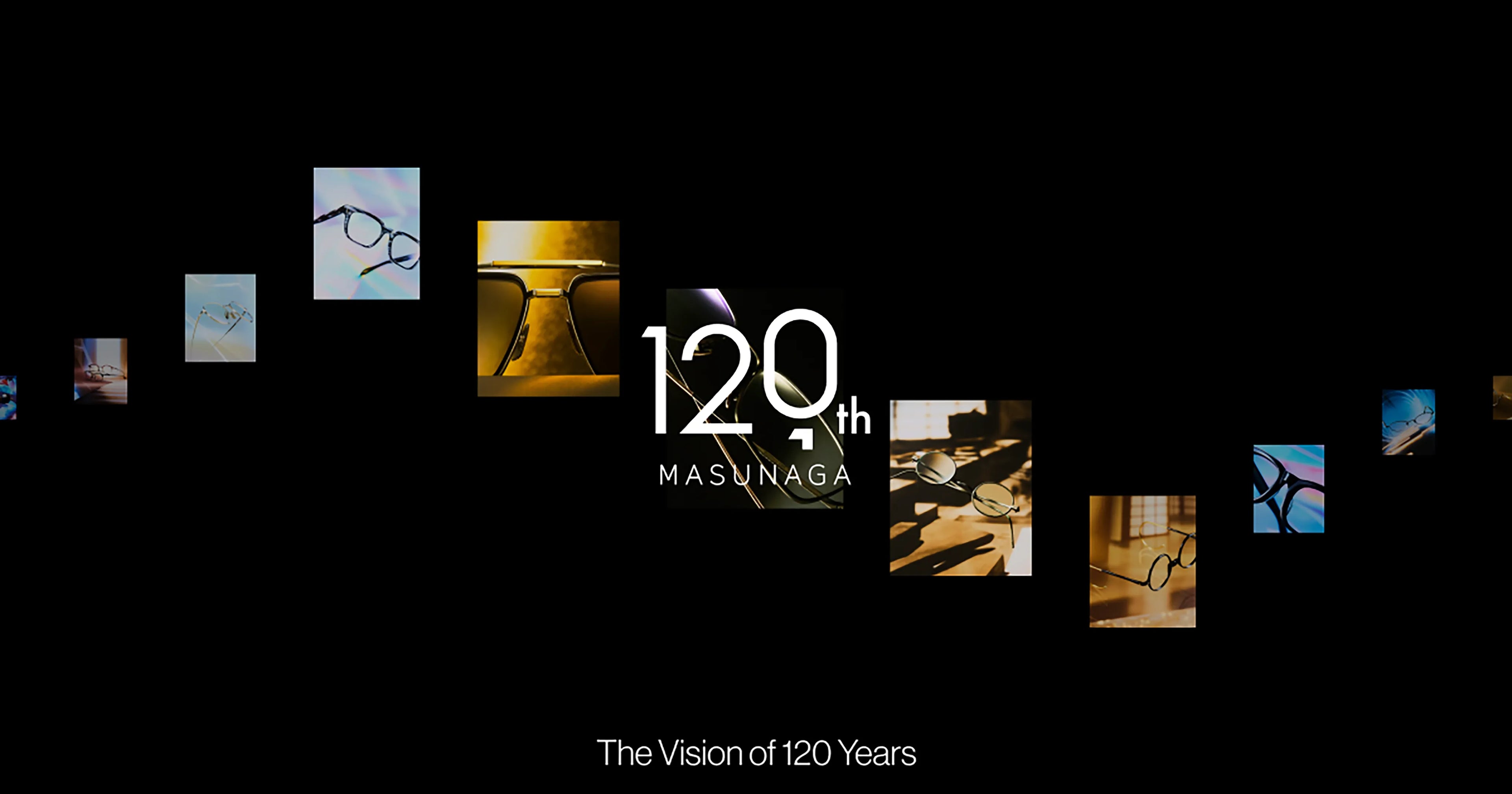 Promotional graphic for Masunaga's 120th anniversary with various product images on a black background.